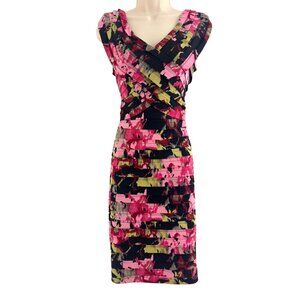 Adrianna Papell Floral Tiered Shutter Pleat Dress Size 14 Bodycon Sheath Evening